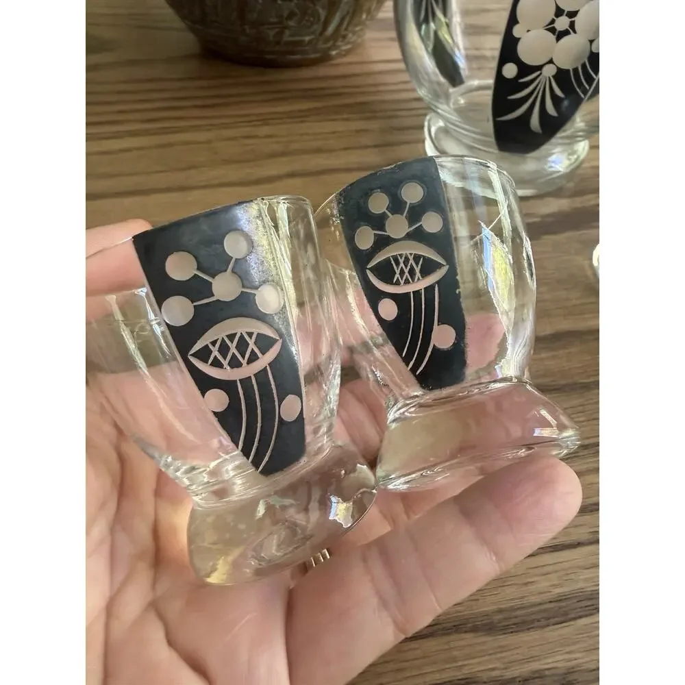 Vintage 1930s Bohemian Glass Decanter Set With Shot Glasses Black Art Deco Glass